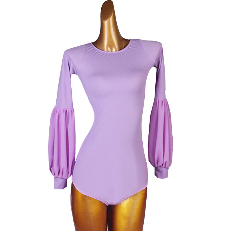 Ballroom Dance Leotard Puff Sleeve Lace Up Open Back Bodysuit in Lavender, front view