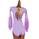 Ballroom Dance Leotard Puff Sleeve Lace Up Open Back Bodysuit in Lavender, back view