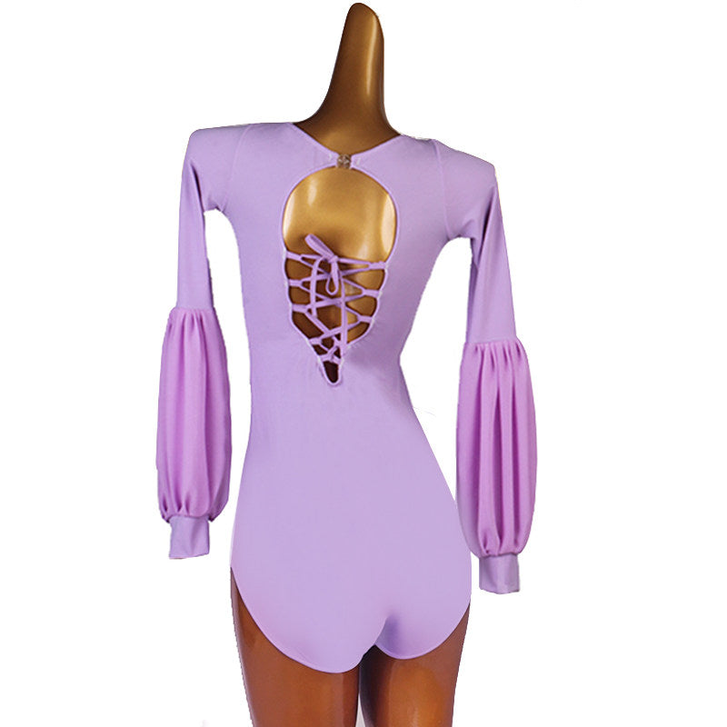 Ballroom Dance Leotard Puff Sleeve Lace Up Open Back Bodysuit in Lavender, back view