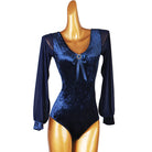 Ballroom Dance Leotard Velvet Scoop Neck Bow Mesh Sleeve Bodysuit in Navy, front view