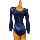 Ballroom Dance Leotard Velvet Scoop Neck Bow Mesh Sleeve Bodysuit in Navy, back view