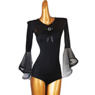 Ballroom Dance Leotard Bow Front Mesh Yoke Flare Sleeve Bodysuit in Black, front view