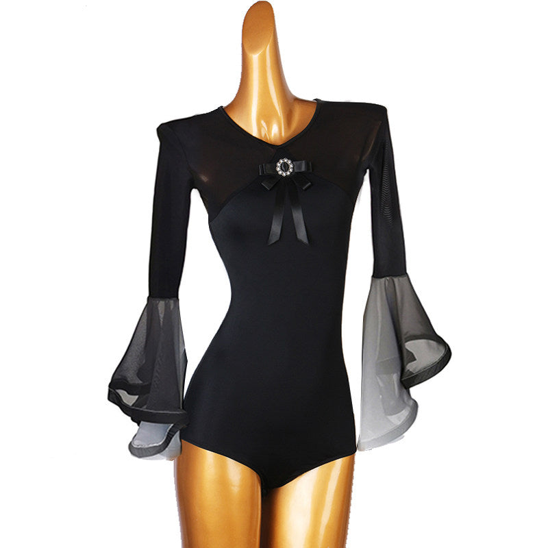 Ballroom Dance Leotard Bow Front Mesh Yoke Flare Sleeve Bodysuit in Black, front view
