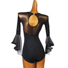 Ballroom Dance Leotard Bow Front Mesh Yoke Flare Sleeve Bodysuit in Black, back view