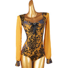 Ballroom Dance Leotard Floral Velvet Sweetheart Bow Bodysuit in Mustard Floral, front view