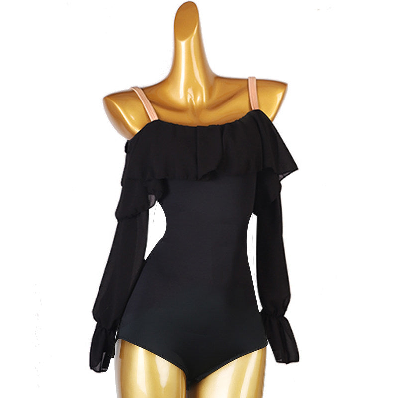 Ballroom Dance Leotard Off Shoulder Ruffle Chiffon Sleeve Bodysuit in Black, front view
