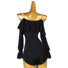 Ballroom Dance Leotard Off Shoulder Ruffle Chiffon Sleeve Bodysuit in Black, back view