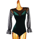Ballroom Dance Leotard Velvet Polka Dot Tulle Open Back Bodysuit in Green, front view
