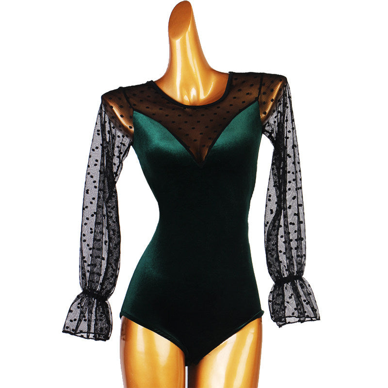 Ballroom Dance Leotard Velvet Polka Dot Tulle Open Back Bodysuit in Green, front view