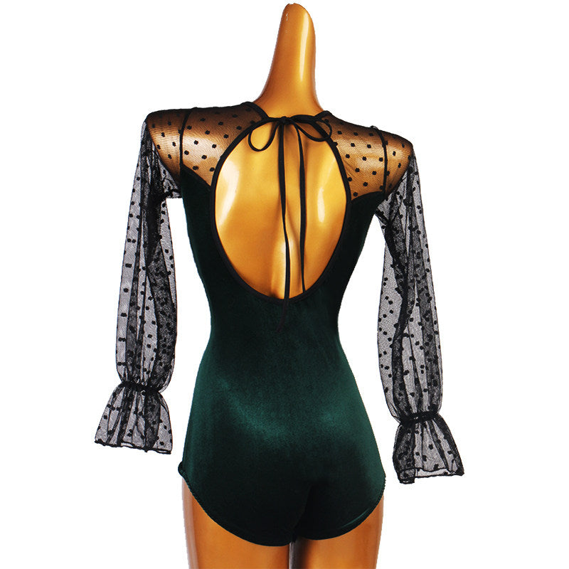 Ballroom Dance Leotard Velvet Polka Dot Tulle Open Back Bodysuit in Green, back view