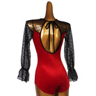 Ballroom Dance Leotard Velvet Polka Dot Tulle Open Back Bodysuit in Red, back view