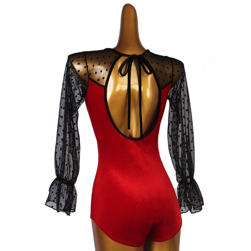 Ballroom Dance Leotard Velvet Polka Dot Tulle Open Back Bodysuit in Red, back view