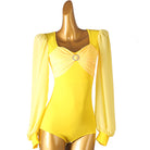 Ballroom Dance Leotard Yellow Sweetheart Long Sleeve Bodysuit in Yellow, front view