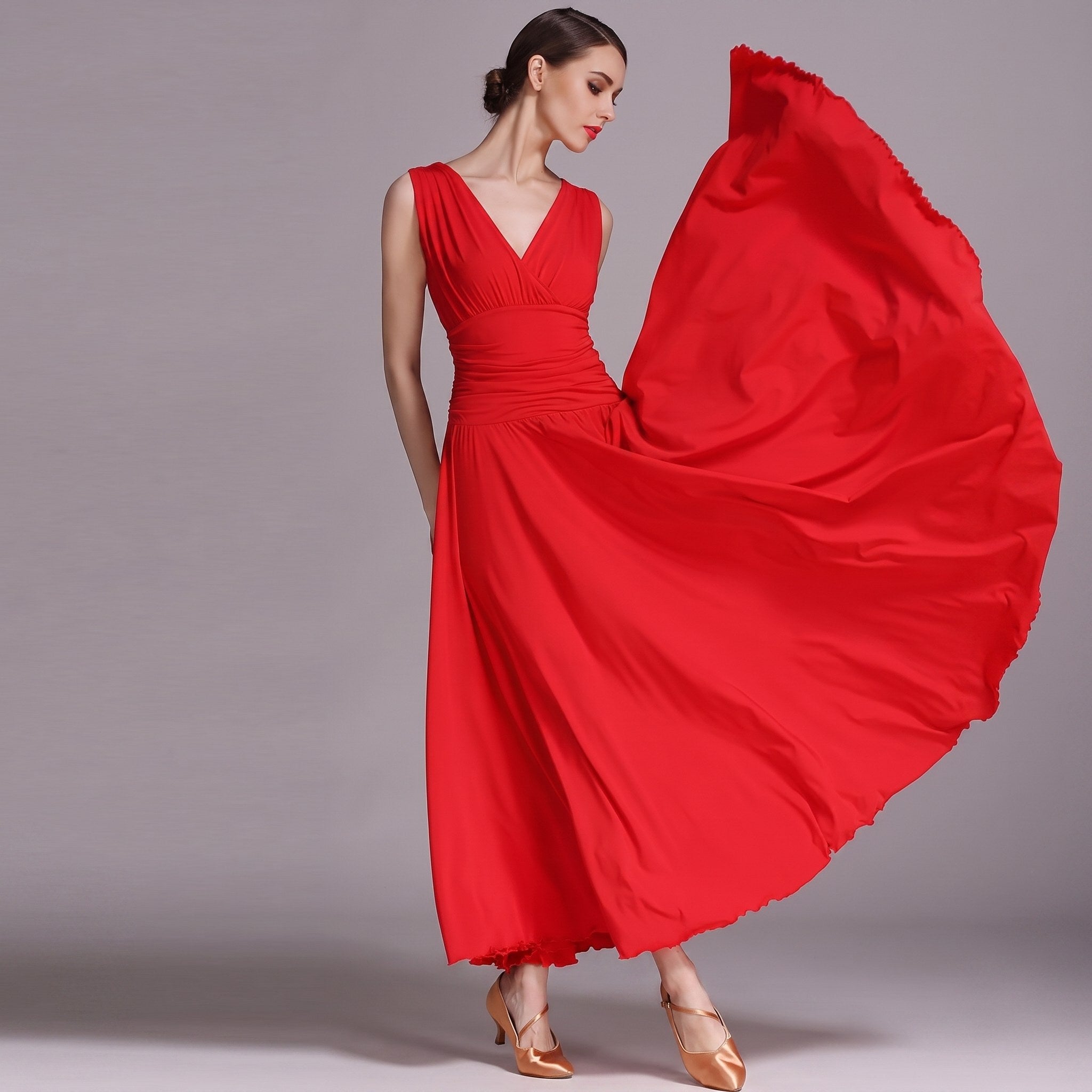 Sleeveless V Neck Ballroom Dance Dress Ruched Waist Full Swing Dress, on model