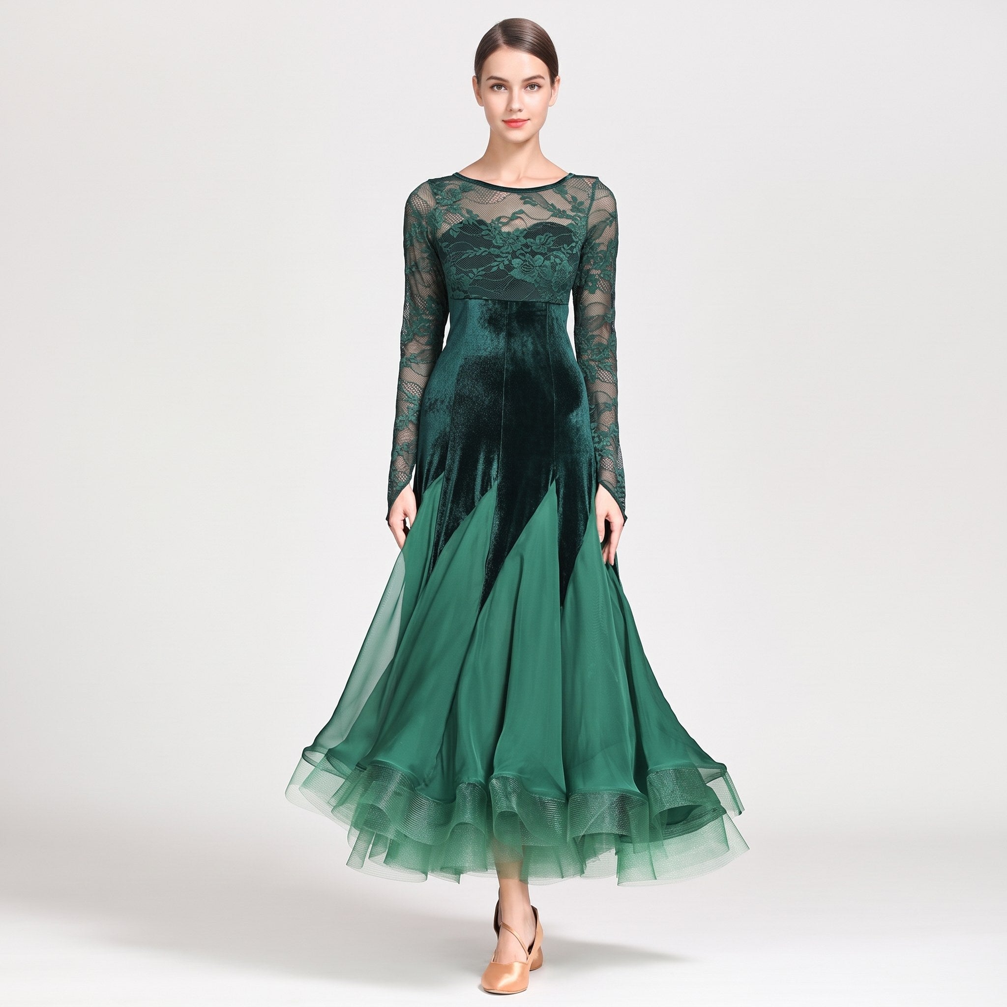 Ballroom Dance Dress Lace Bodice Velvet Organza Hem Competition Dress, on model