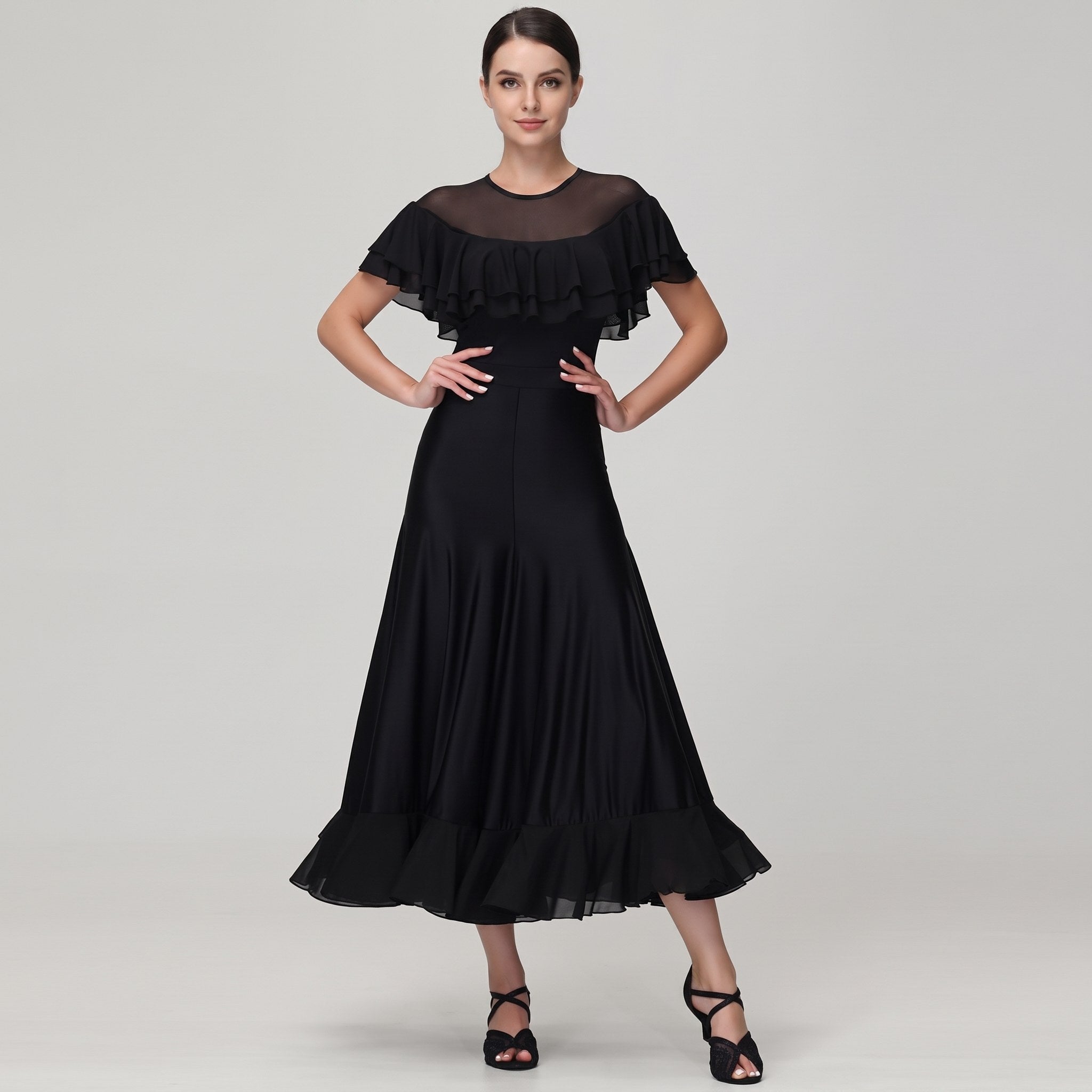 Black Ballroom Dance Dress Mesh Yoke Ruffle Capelet Practice Dress, on model