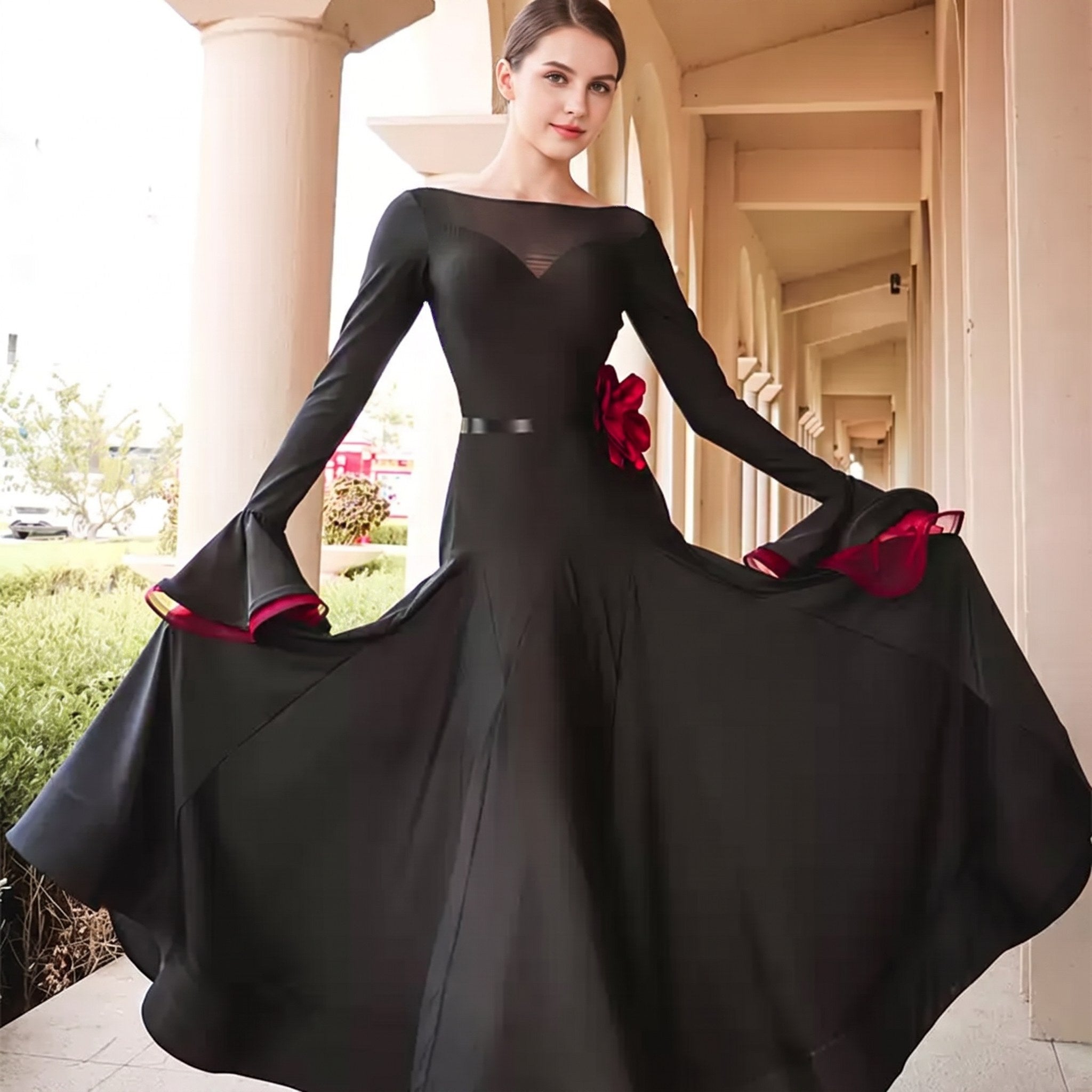 Ballroom Dance Dress Bell Sleeve Rose Waist Flower Big Swing Dress, on model