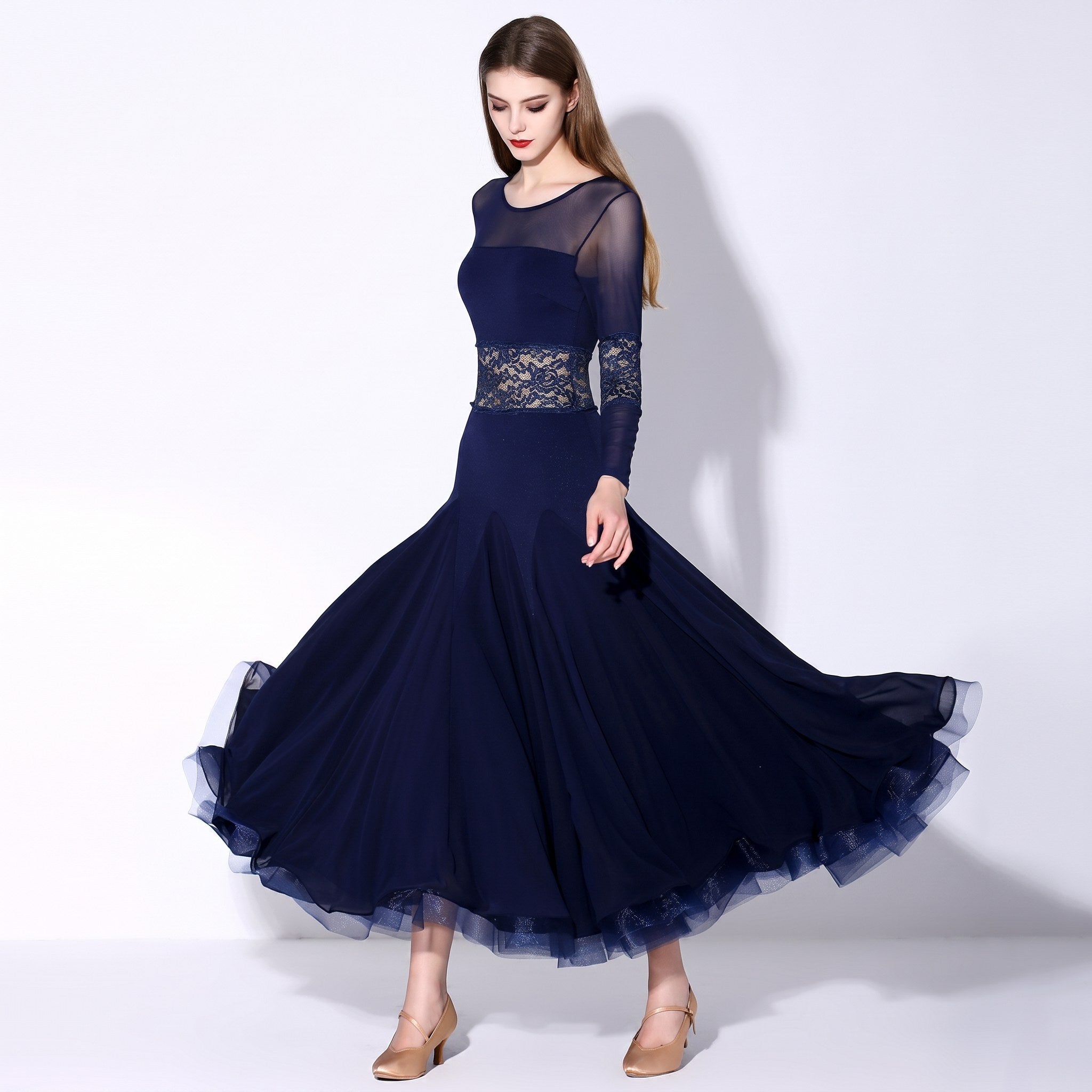 Navy Ballroom Dance Dress Mesh Yoke Lace Waist Tulle Hem Swing Dress, on model