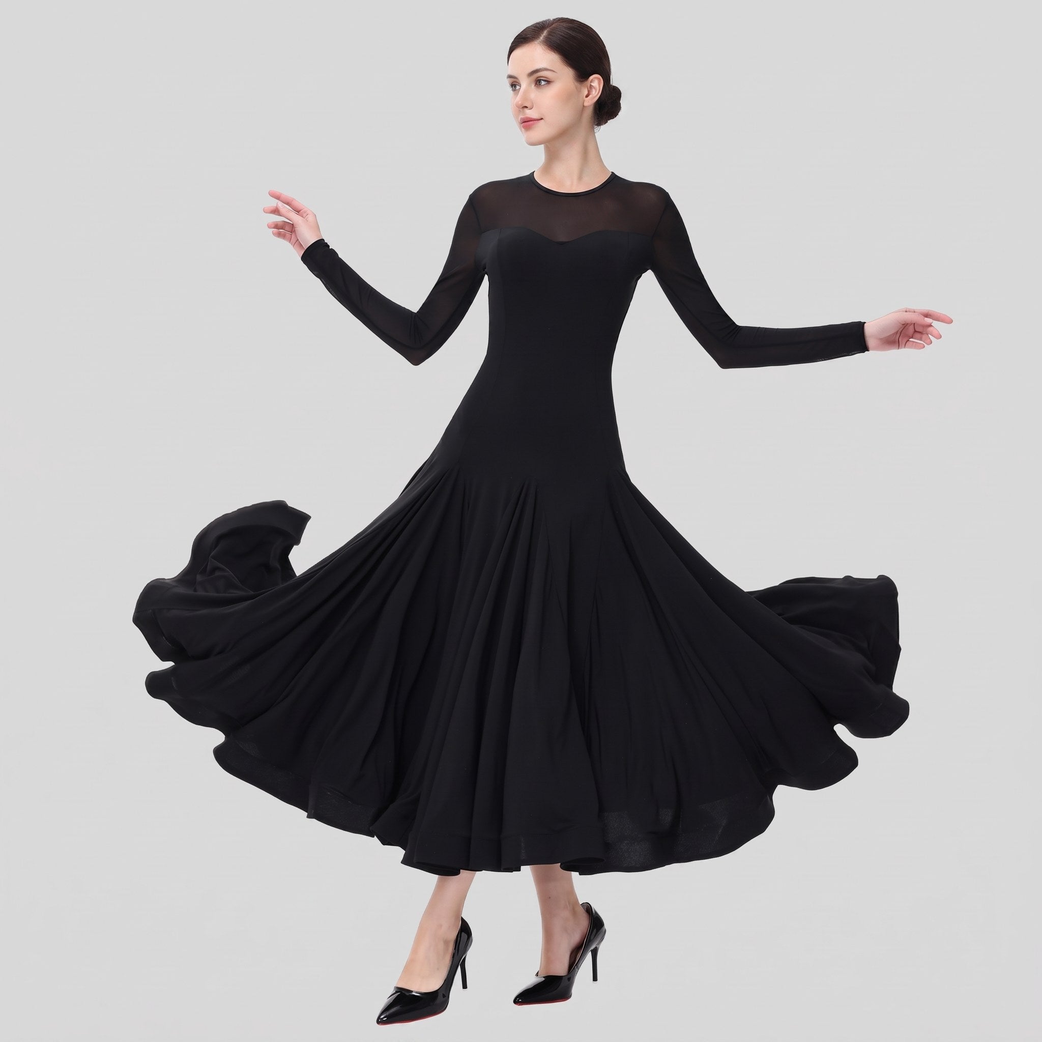 Black Ballroom Dance Dress Mesh Yoke Long Sleeve Full Swing Dress, on model