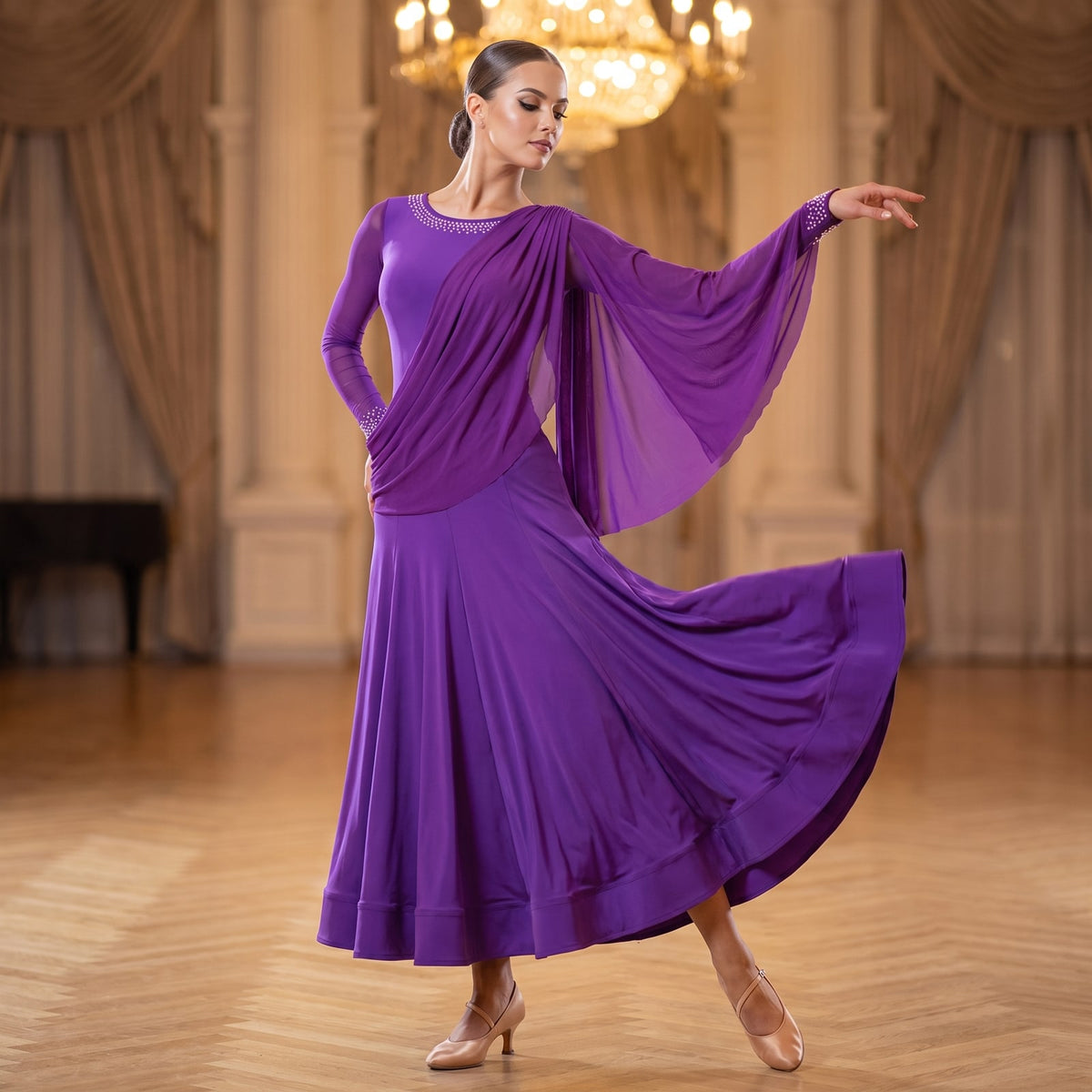 Ballroom Dance Dress Draped Sash Shoulder Rhinestone Mermaid Dress