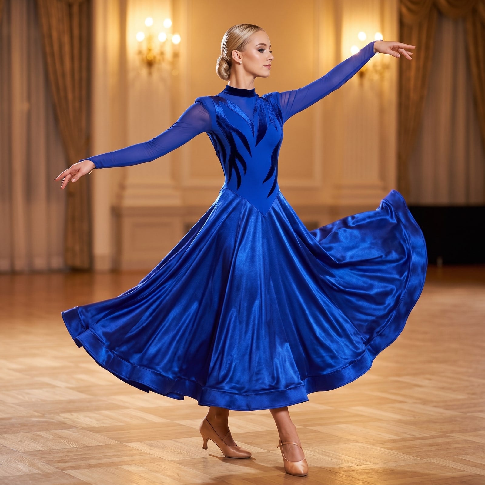 Blue Ballroom Dress Lightning Applique Stand Collar Dance Dress