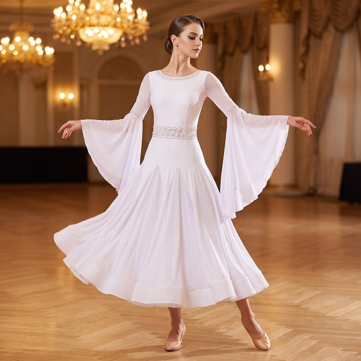White Ballroom Dress Pearl Waistband Bell Sleeve Dance Dress