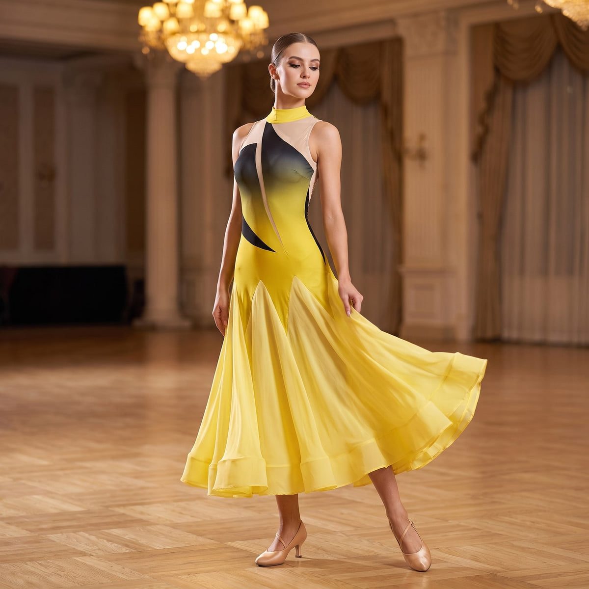 Yellow Ballroom Dress Ombre Bodice Long Chiffon Float Skirt