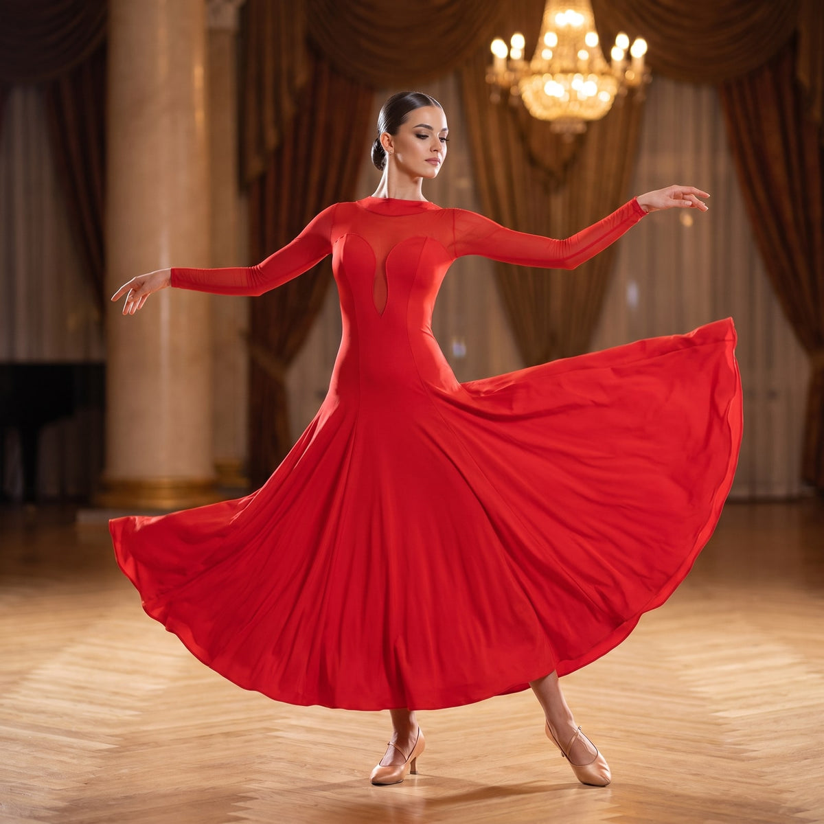 Red Ballroom Practice Dress Lace Up Back Full Circle Skirt