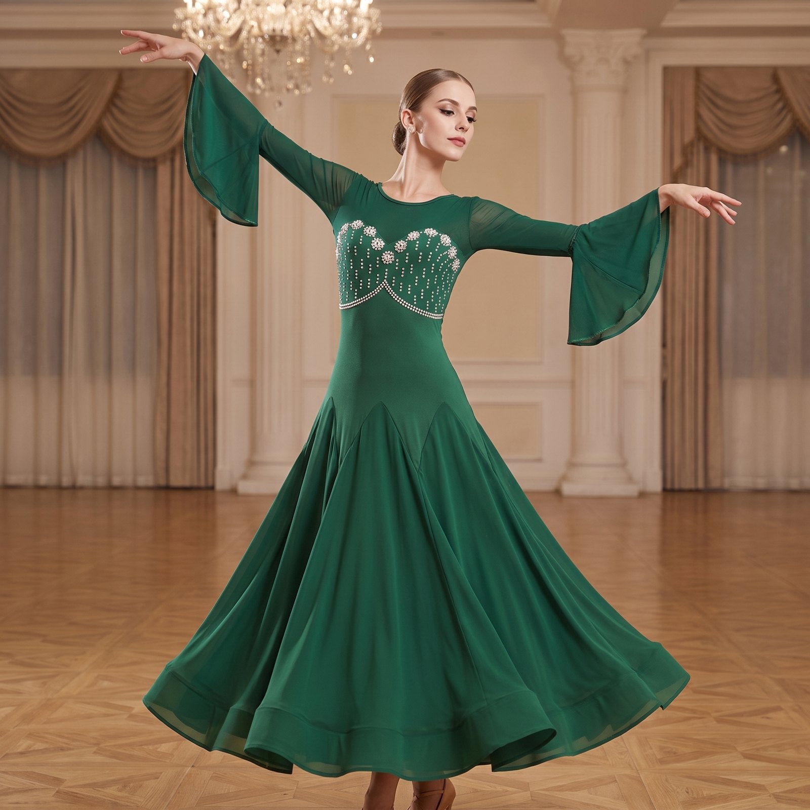 Green ballroom dress worn by a dancer in a ballroom, full length front view