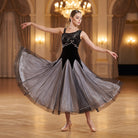 Black velvet camisole bodice ballroom dress with a grey ombre tulle skirt and pointed hem