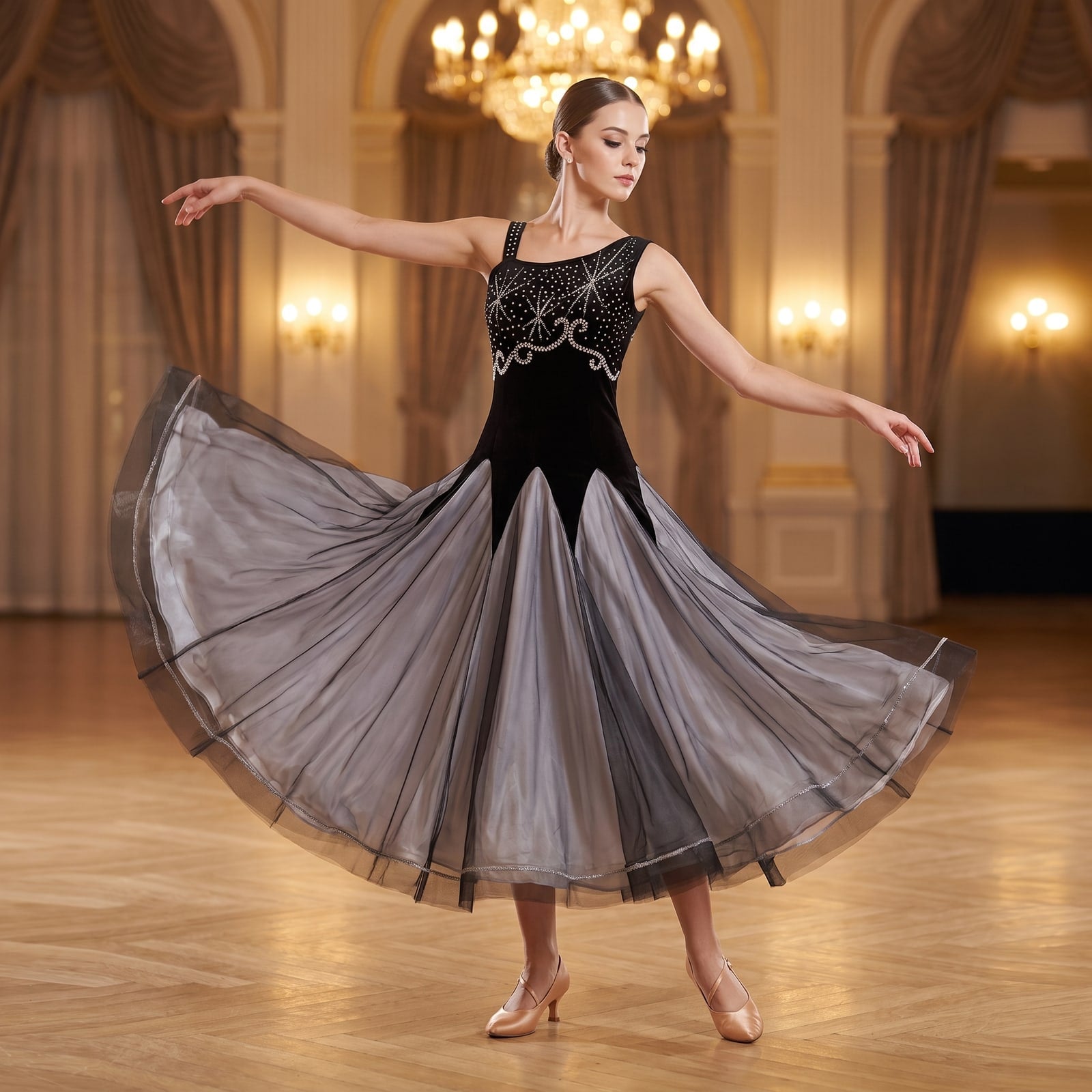 Black velvet camisole bodice ballroom dress with a grey ombre tulle skirt and pointed hem
