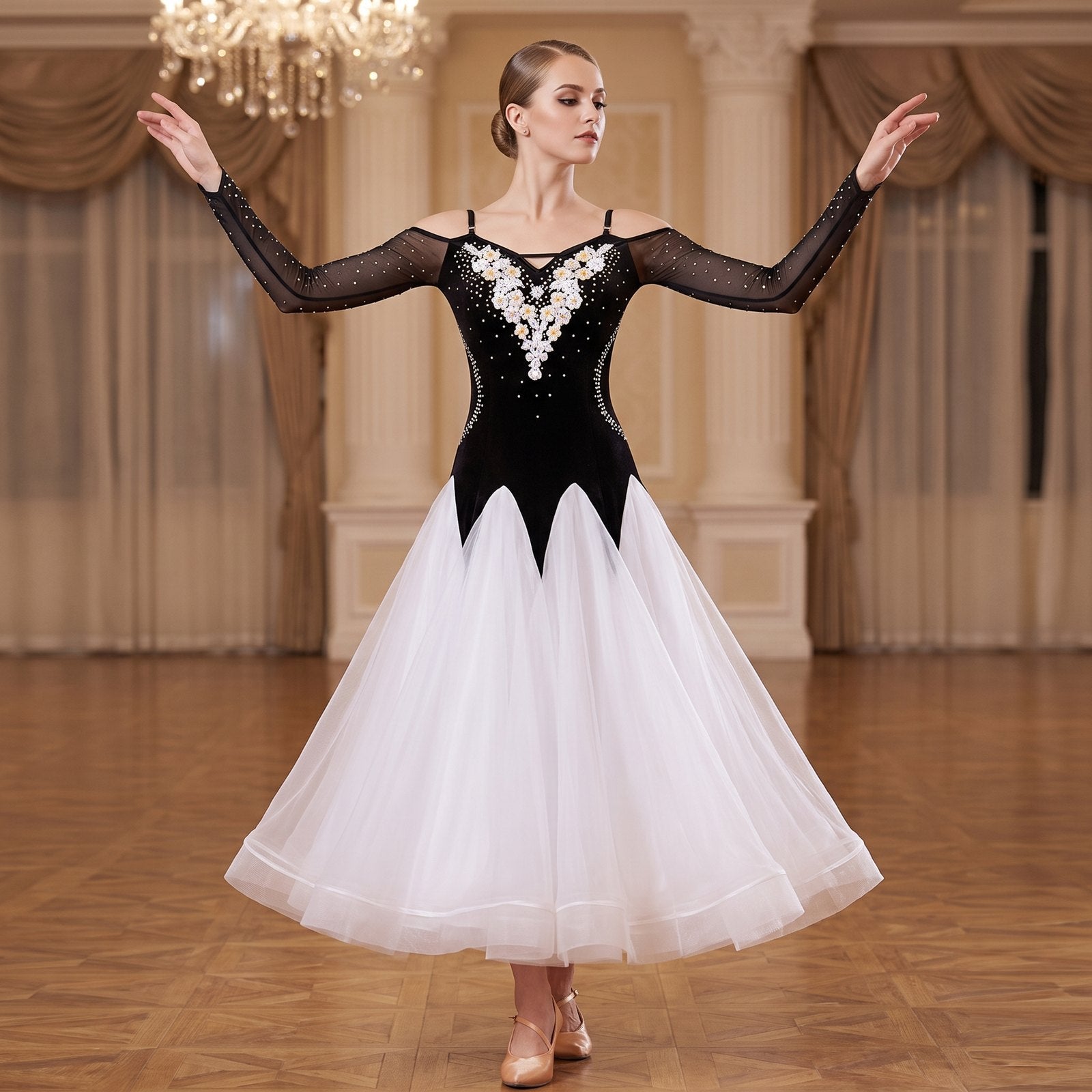 White ballroom dress worn by a dancer in a ballroom, full length front view