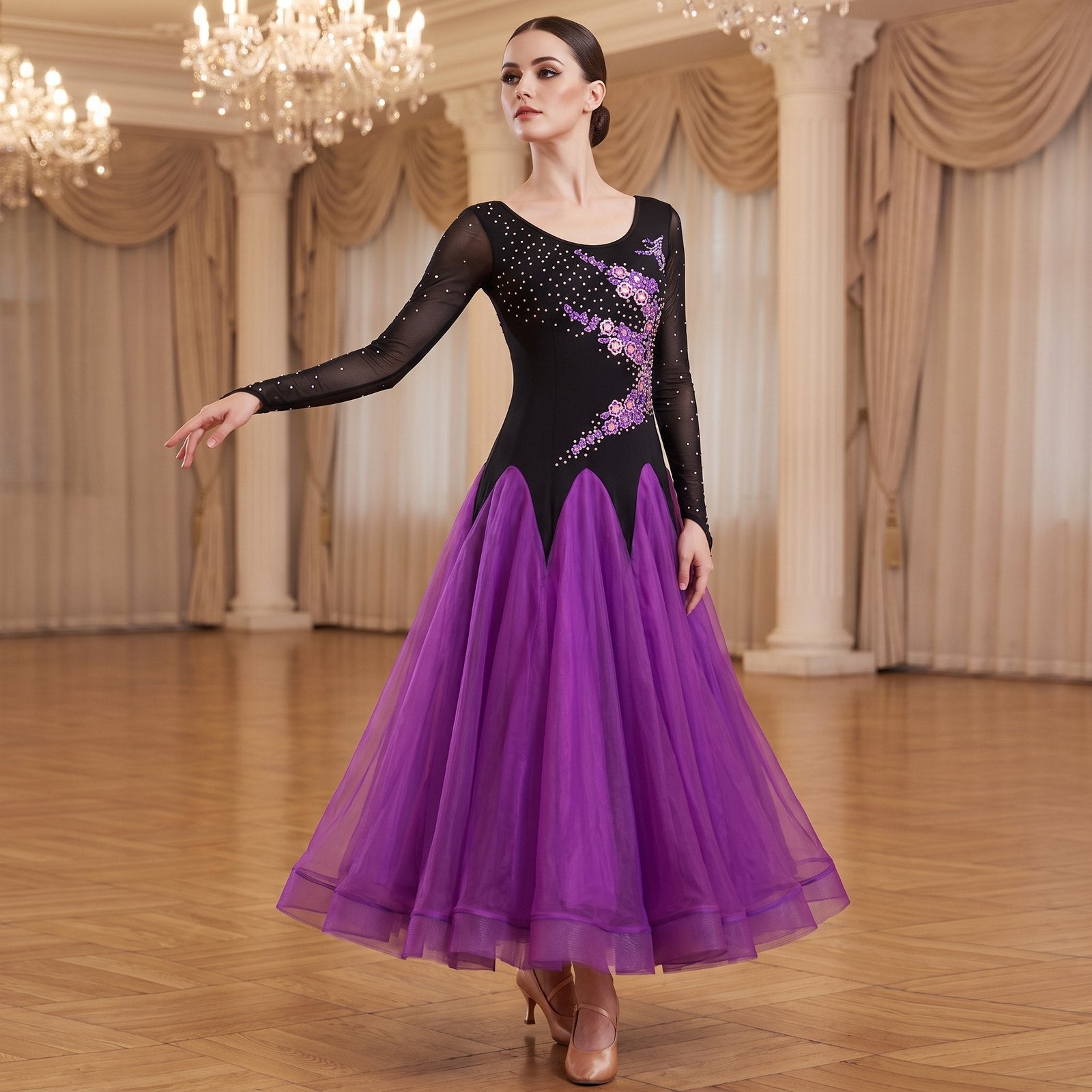 Purple ballroom dress worn by a dancer in a ballroom, full length front view