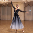 Black-White ballroom dress worn by a dancer in a ballroom, full length front view
