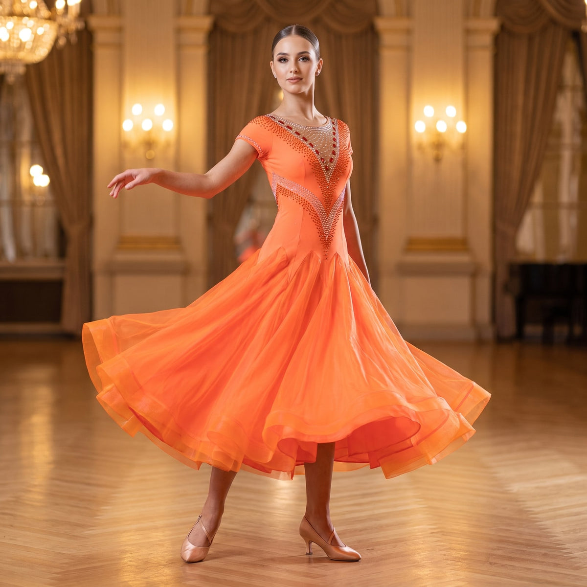 Orange ballroom dress with a crystal illusion neckline and short cap sleeves in a ballroom