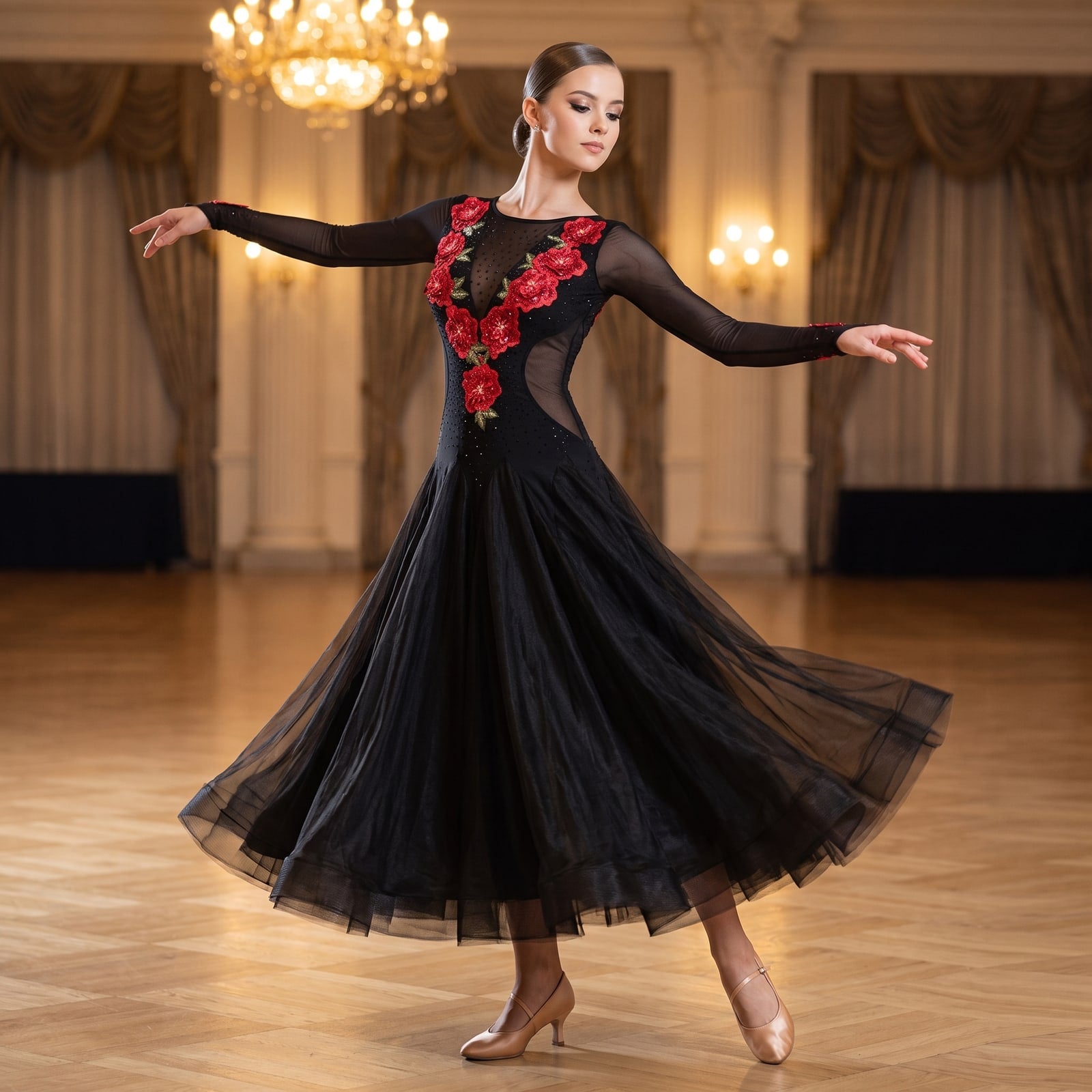 Black ballroom dance dress with red rose applique over the mesh bodice and long sleeves