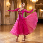 Fuchsia ballroom dance dress with a rose embroidered bodice and layered tulle skirt