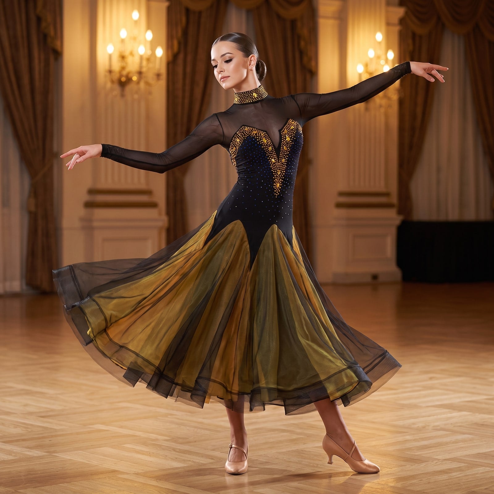 Black and olive ballroom dress with gold embroidery, a high mesh neck and panelled skirt