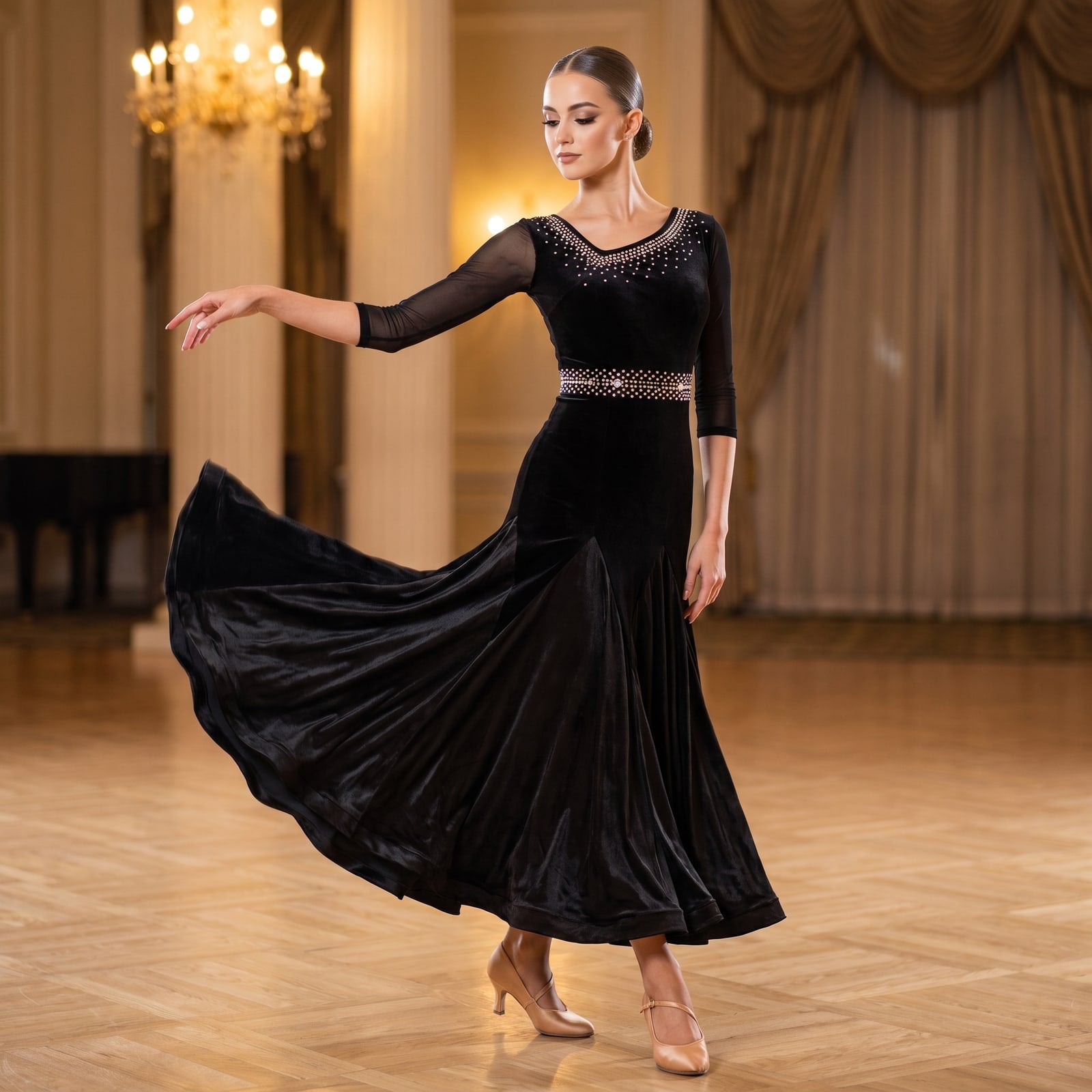 Black velvet ballroom dance dress with a rhinestone waistband and satin mermaid skirt