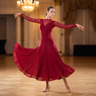 Wine red high neck ballroom practice dress with the chiffon skirt sweeping across the floor
