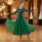 Dark Green Rhinestone Ballroom Dance Dress Long Sleeve Competition Gown