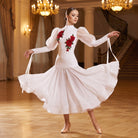 Embroidered Rose Ballroom Dress Puff Sleeve High Neck Ribbon Trim Dance Dress