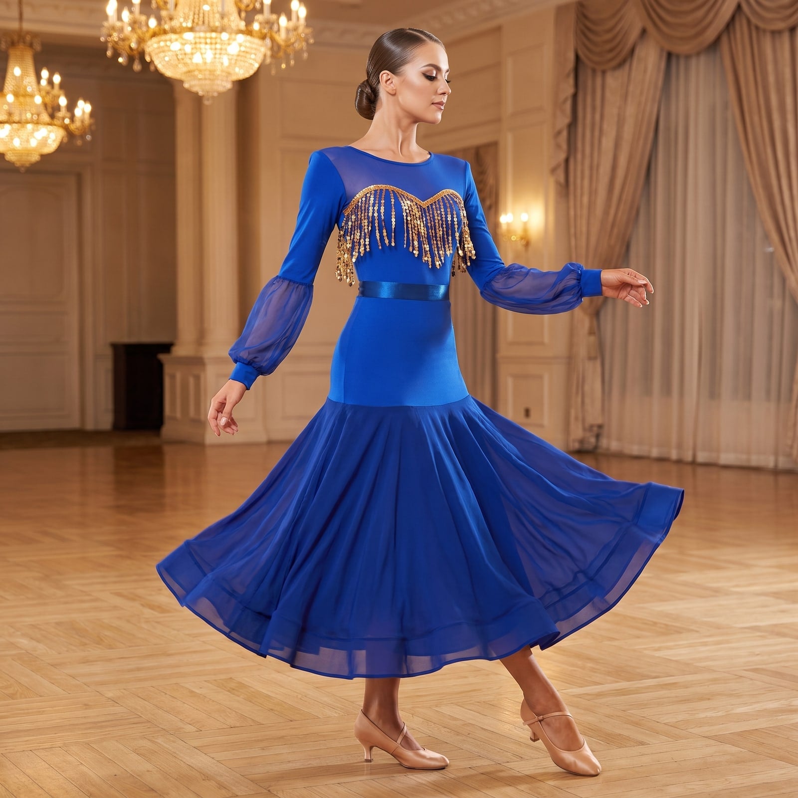 Royal Blue Ballroom Dress Beaded Fringe Bodice Lantern Sleeve Gown
