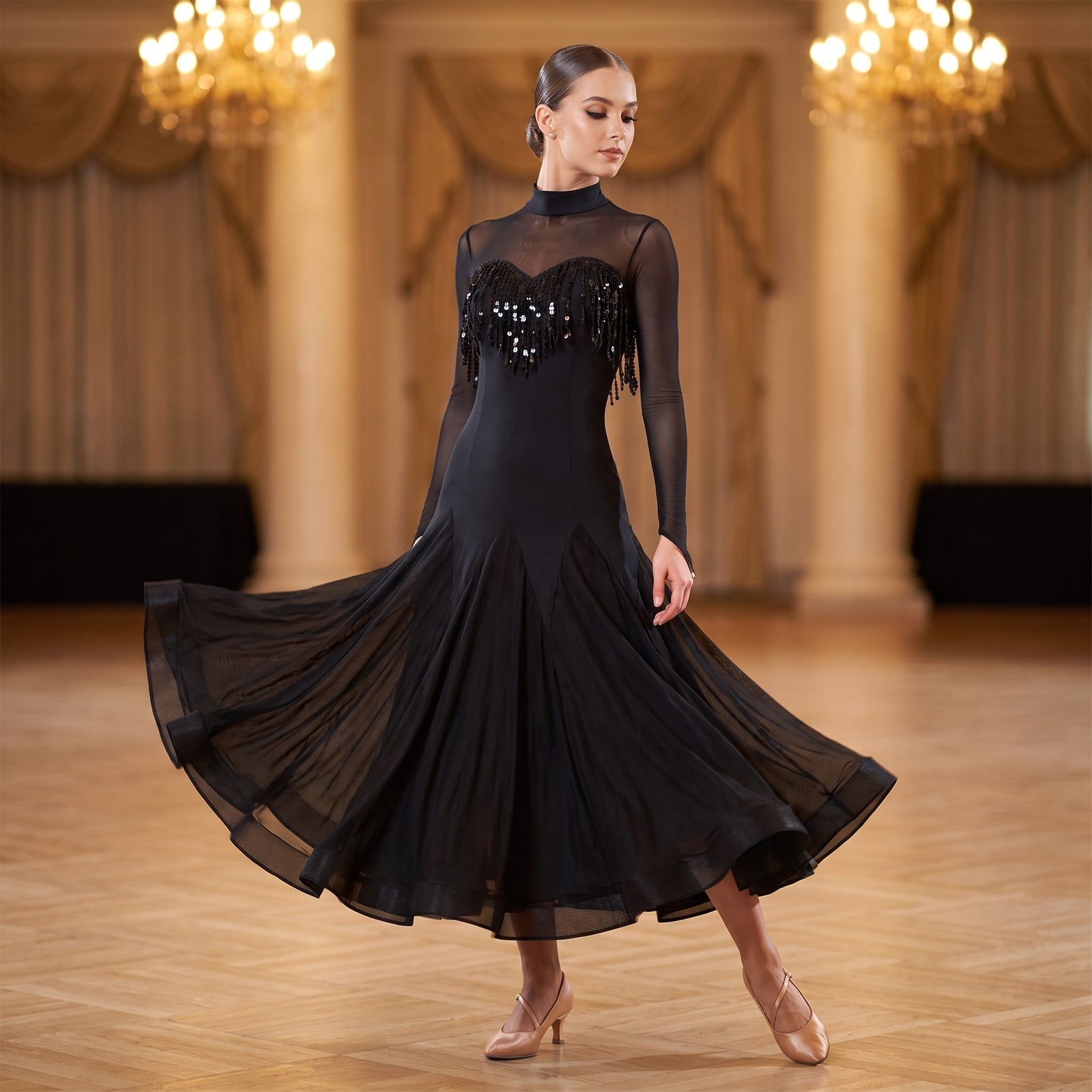 Black Ballroom Dance Dress Sequin Fringe Bodice High Neck Mesh Back