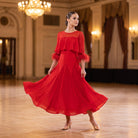 Feather Trim Ballroom Dance Dress Ruffle Shoulder Elbow Sleeve