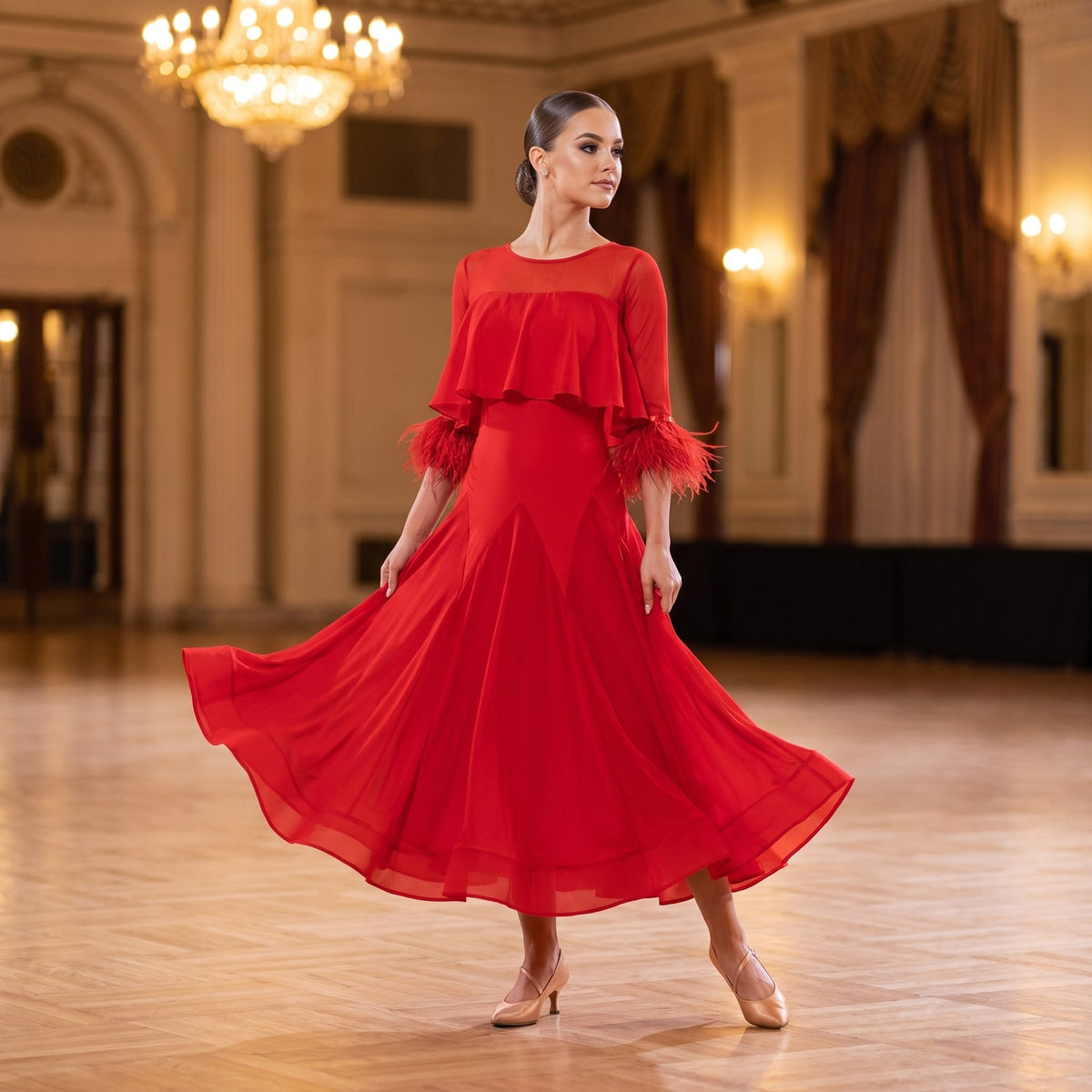 Feather Trim Ballroom Dance Dress Ruffle Shoulder Elbow Sleeve
