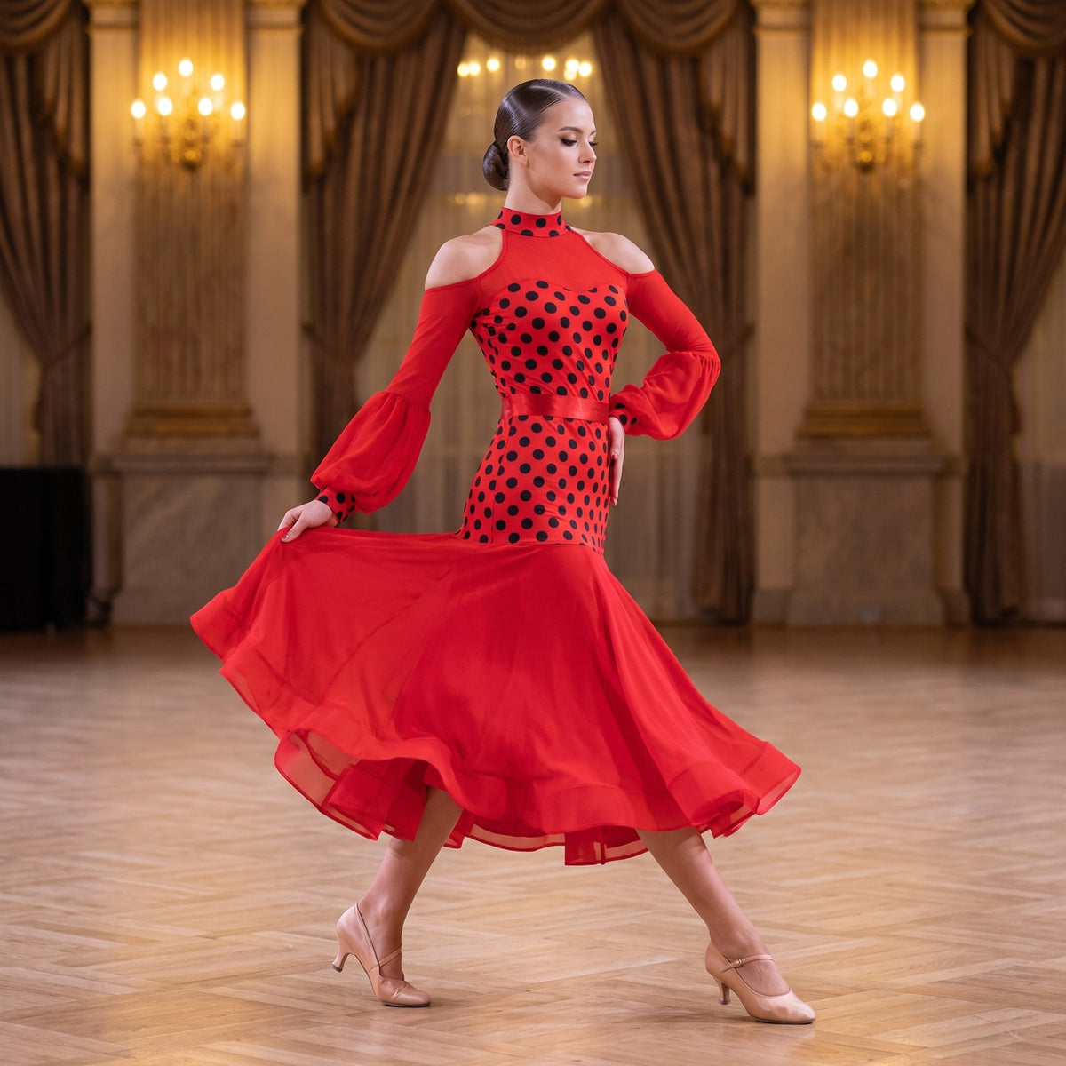 Red polka dot ballroom dance dress with a halter neck and organza lantern sleeves