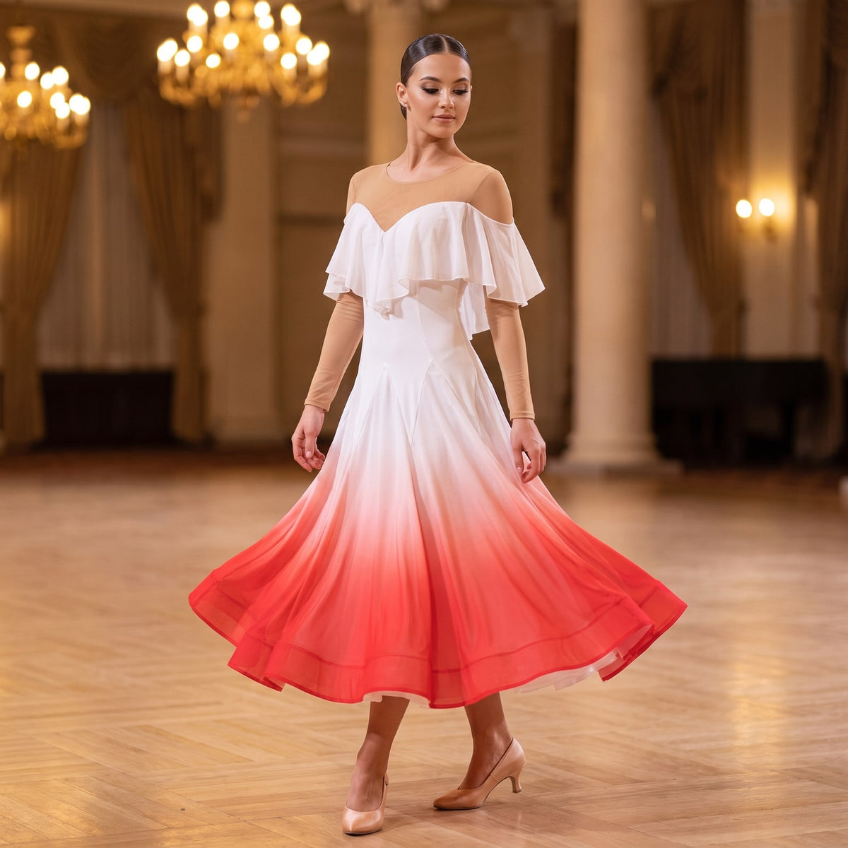 White ballroom dance dress with an off shoulder ruffle collar and red ombre skirt mid step