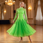 Neon Green Ballroom Dance Dress Rhinestone Shoulder Sash Mesh Sleeve