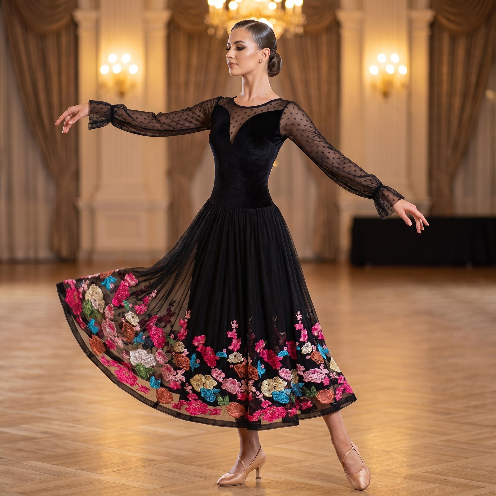 Black Ballroom Dance Dress Floral Embroidered Hem Dotted Mesh Sleeve